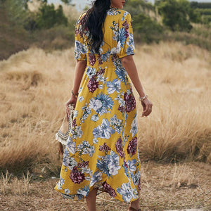 Elegant V-Neck Floarl Printed Short Sleeve Maxi Dress