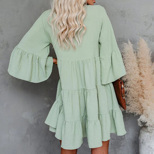 V-Neck Lace Up Ruffle Dress