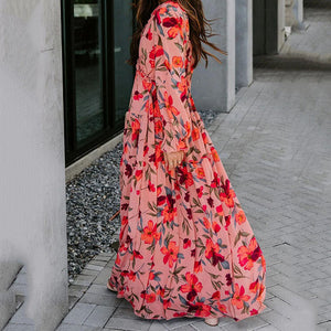 Long Sleeve V-Neck Floarl Print Dress