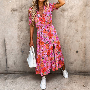 Floarl Printed Short Sleeve V-Neck Dress