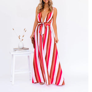 Sexy Deep V-Neck Stripe Printed Maxi Dress