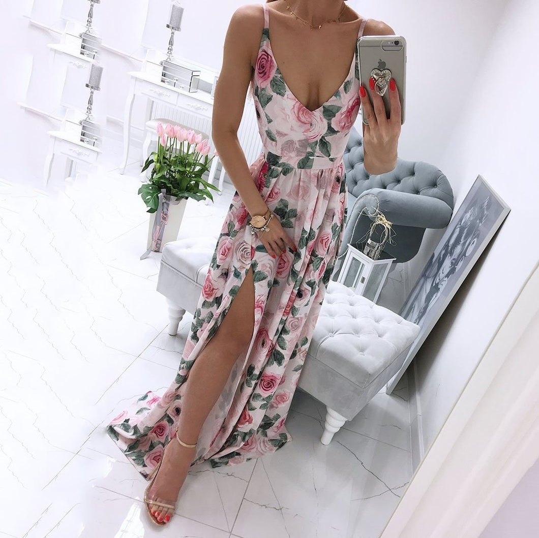 Elegant V-Neck Floral Printed Maxi Dress