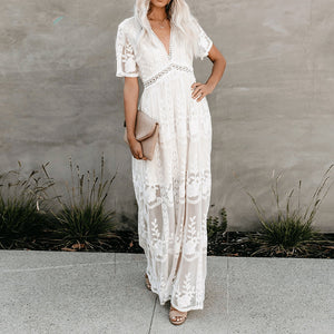 Vacation Style V-Neck Lace Maxi Dress
