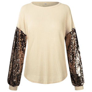 Fashion Sequins Contrast Stitching Knit Top
