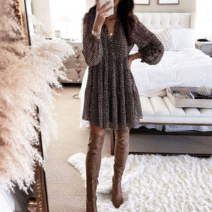 Leopard Print Lantern Sleeve V-Neck Dress