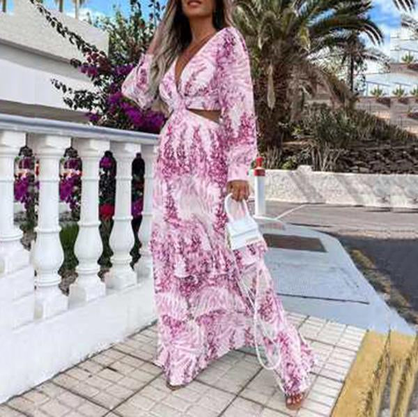 Fashion Hollow Out Design Floral Printed Maxi Dress