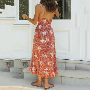 V-Neck Sling Ruffled Lace-Up Floral Printed Dress