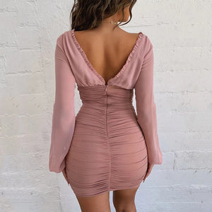 Sexy Deep V Wood Ears Long Sleeve Bodycon Dress