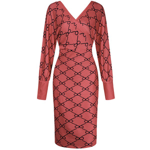 Long Sleeve Printed V-Neck Bodycon Dress