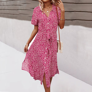 V-Neck Printed Short-Sleeved Dress