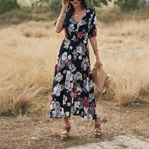 Elegant V-Neck Floarl Printed Short Sleeve Maxi Dress