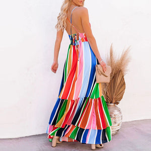 Lovely Rainbow Stripe Printed Casual Maxi Dress