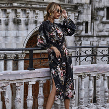 Load image into Gallery viewer, Stand-up Collar Tie Print Waist Dress

