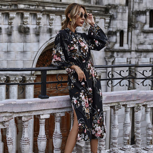 Stand-up Collar Tie Print Waist Dress