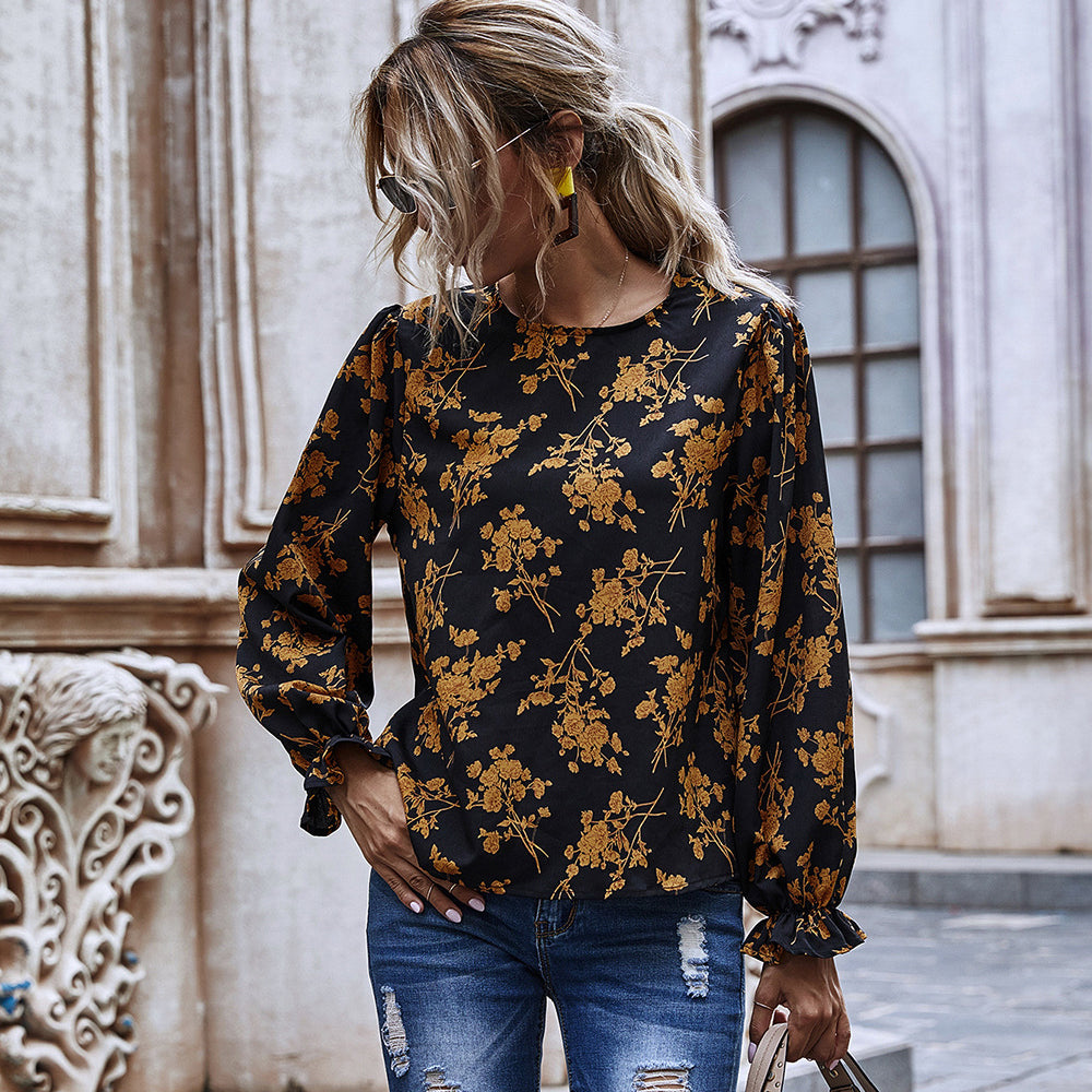 Crew Neck Printed Chiffon Top