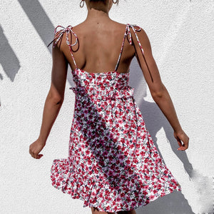 Lace-Up Floarl Printed Backless Dress