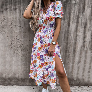 Fashion V-Neck Floral Printed Vacation Dress