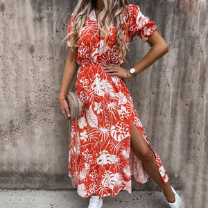 Fashion V-Neck Floral Printed Vacation Dress