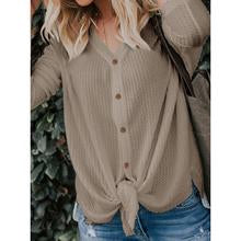Load image into Gallery viewer, Womens Waffle Knit Tie Knot Henley Loose Fitting Tops
