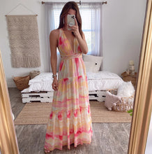 Load image into Gallery viewer, Gradient Deep V Lace Halter Irregular Dress
