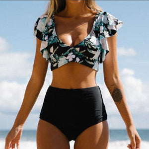 Cute Ruffle Printed Bikini Swimsuit