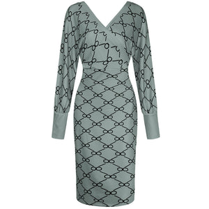 Long Sleeve Printed V-Neck Bodycon Dress