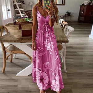V-Neck Suspender Floarl Printed Dress