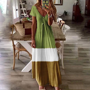 Stitching Color Short-Sleeved Maxi Dress