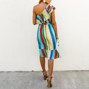 Fashion One Shoulder Striped Printed Dress