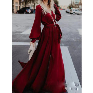 Solid Color Lantern Sleeve Maxi Dress