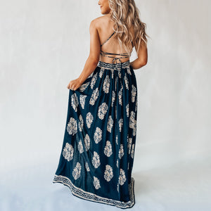 Printed Slit Backless Lace Up Vacation Maxi Dress