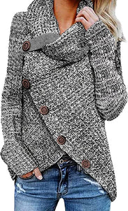 heekpek Womens Pullover Sweater Casual Knit Cowl Neck Button Sweatshirt Asymmetric Hem Long Sleeve Turtleneck Sweater Tops
