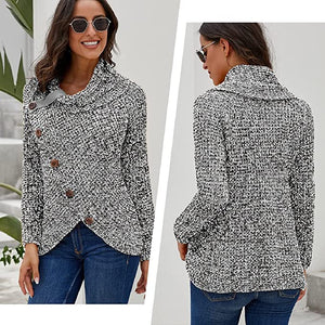 heekpek Womens Pullover Sweater Casual Knit Cowl Neck Button Sweatshirt Asymmetric Hem Long Sleeve Turtleneck Sweater Tops