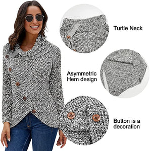 heekpek Womens Pullover Sweater Casual Knit Cowl Neck Button Sweatshirt Asymmetric Hem Long Sleeve Turtleneck Sweater Tops