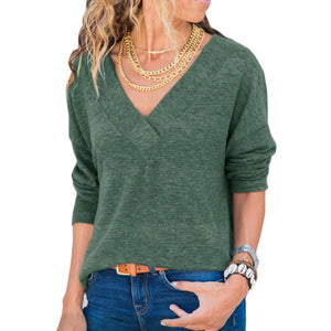 Casual Solid Color V-neck Pullover Long Sleeve Ladies Top
