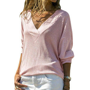 Casual Solid Color V-neck Pullover Long Sleeve Ladies Top