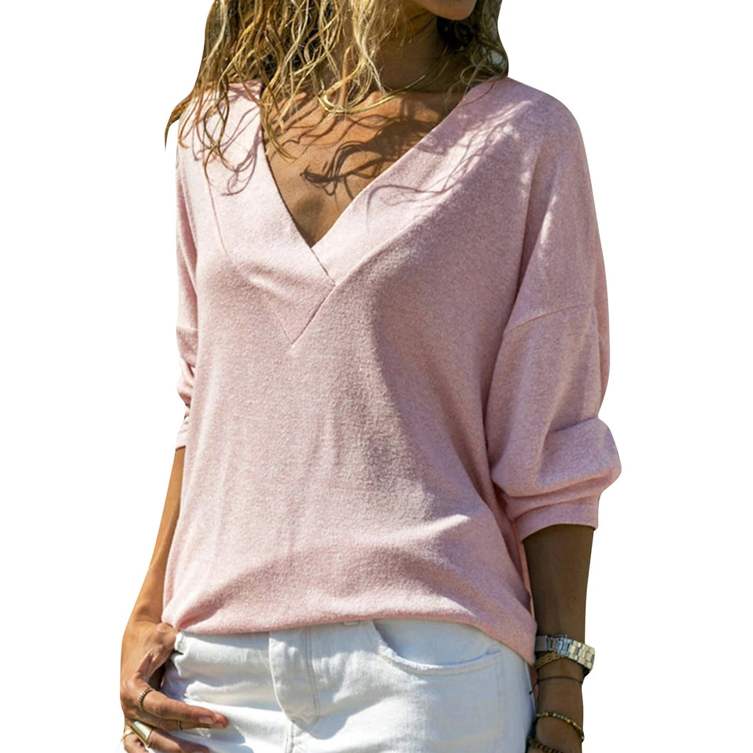 Casual Solid Color V-neck Pullover Long Sleeve Ladies Top
