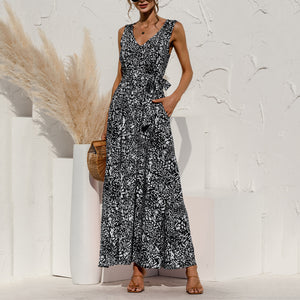 Leopard Print V Neck Lace Maxi Dress