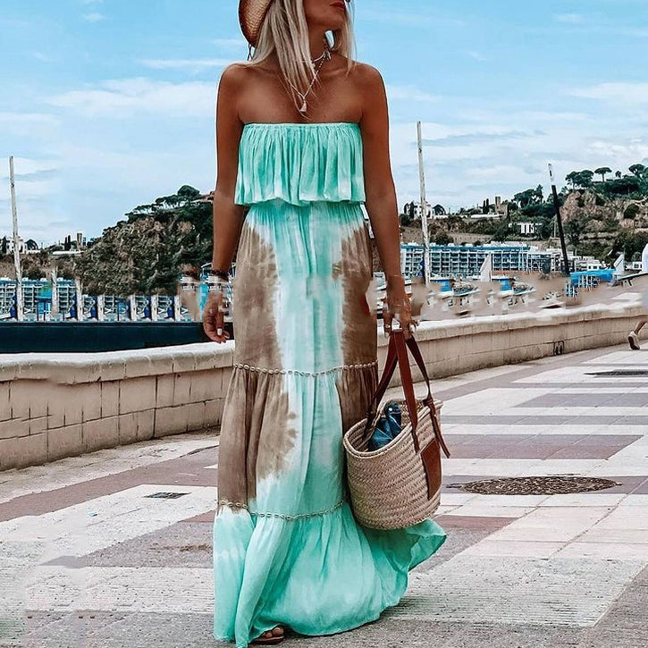 Tie Dye Open Back Off Shoulder Maxi Dress