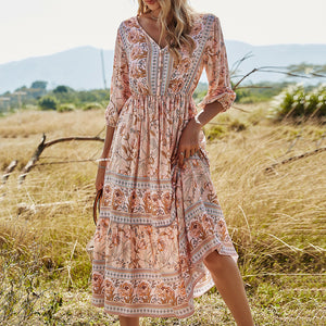 Bohemian Floral Printed V-Neck High Waist Maxi Dress