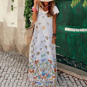 V-Neck Butterfly Floarl Print Dress