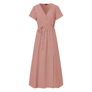 V Neck Polka Dot Short Sleeved Maxi Dress