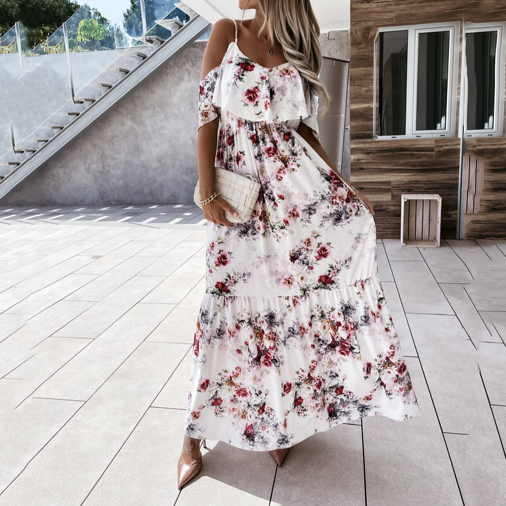 Open Back Floarl Printed Sling Maxi Dress