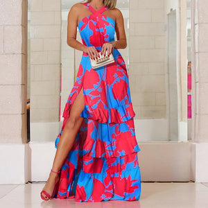 Chic Boho Halter V-Neck Floral Printed Maxi Dress
