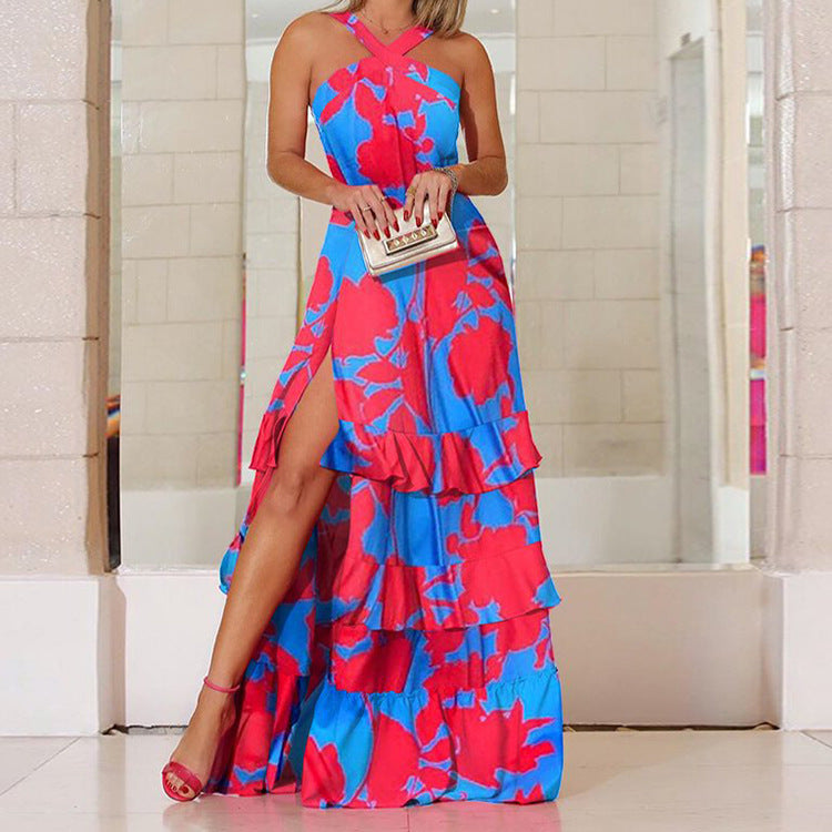 Chic Boho Halter V-Neck Floral Printed Maxi Dress