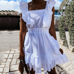 Solid Color Ruffle Stitching Sleeveless Mini Dress