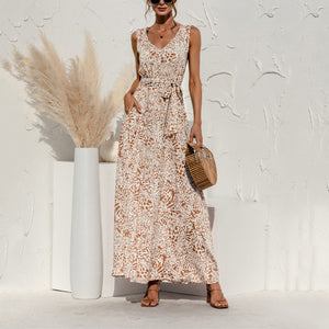 Leopard Print V Neck Lace Maxi Dress