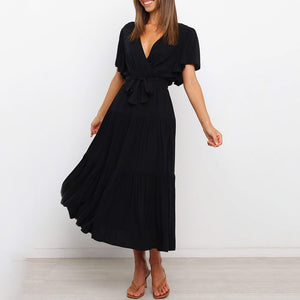 Elegant V-Neck Short Sleeve Maxi Dress
