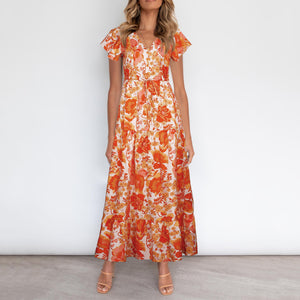 Summer V Neck Floarl Printed Lace Up Maxi Dress