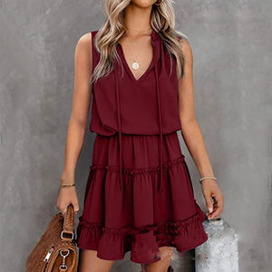 Casual V-Neck Sleeveless Folds Design Mini Dress